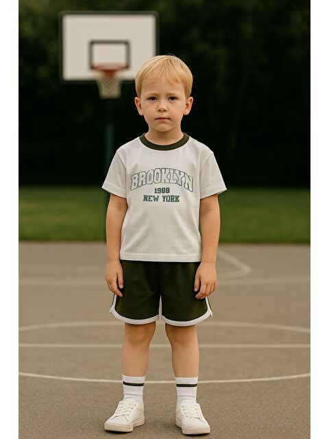 Luess Erkek Çocuk %100 Pamuklu Brooklyn Baskılı Şortlu Takım - Yeşil (3-4 Yaş 8-9 Yaş) - S000401141-18194