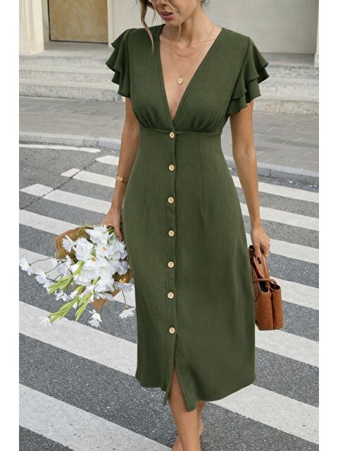 Jane's Kadın Kısa Kollu V Yakalı önden Düğmeli Bürümcük Midi Elbise - S000529145-18194