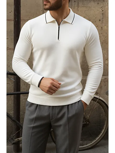 Comstar Erkek Günlük Çizgili Trend Beyaz Polo Yaka Kazak