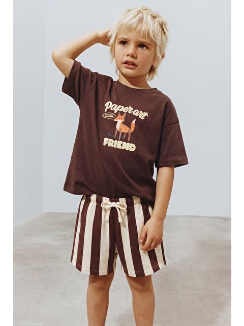 Magu Unisex Çocuk Pamuklu Kahverengi Tilki Baskılı T-Shirt Şort Takım - S000531831-23173
