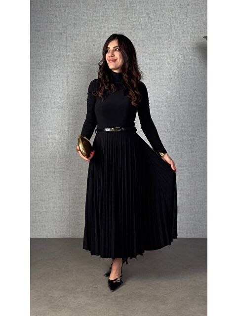 Jane's Kadın Uzun Kollu Balıkçı Yaka Kemersiz Pileli Uzun Sandy Elbise - S000529144-19351