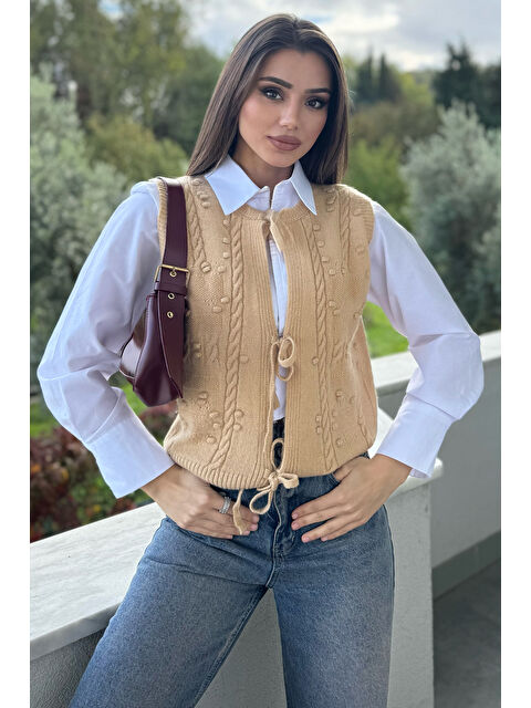 Gülseli Kadın Örgü Desenli Bağlamalı Triko Yelek - S000312507-19928
