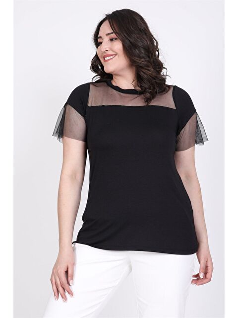 Mylinemoda Önü Ve Kolları Tül Detaylı Tişört - S000239279-19351