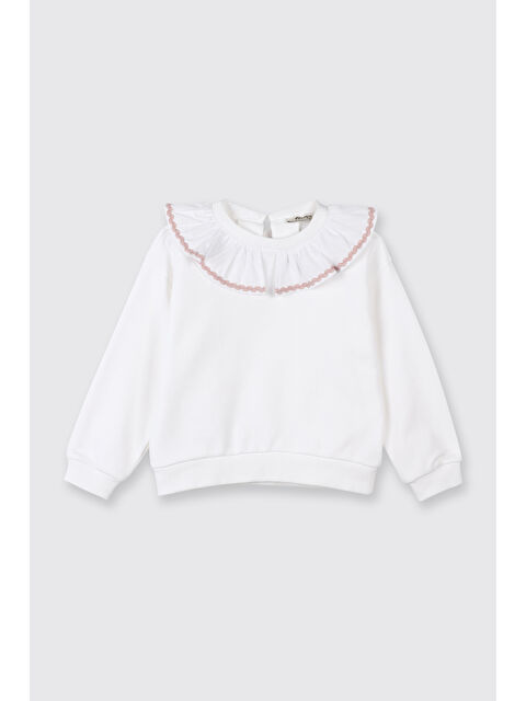 Panço Kız Bebek Fırfır Yaka Detaylı Su Taşı Detaylı Beyaz Sweatshirt - S000514226-20063
