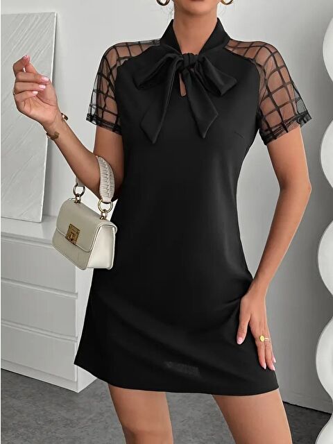 Jane's Kadın Kısa Kollu Boyundan Bağlamalı Omuzlarda Tül Detaylı Janjan Krep Elbise - S000529147-19351