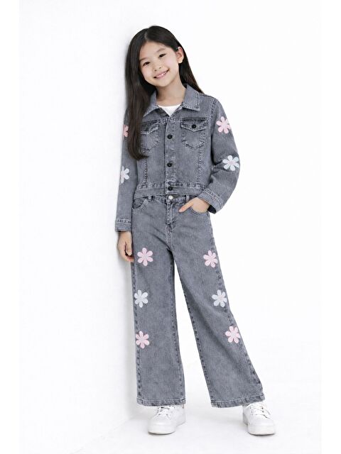 Cansın Mini Füme Çiçek Desenli Düğmeli Ceketli Jean Pantolonlu Kız Çocuk Jean Takım 23736 - S000520760-33408