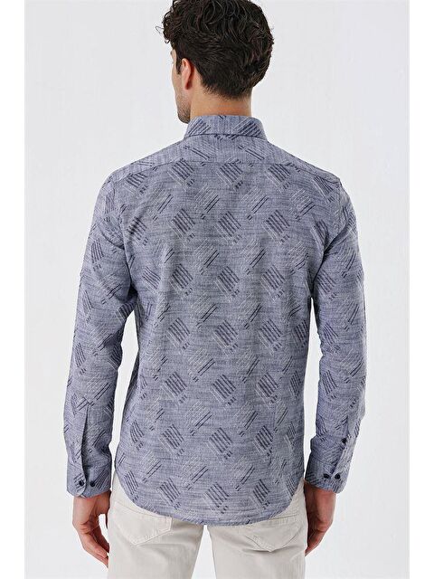 İMZA Koyu Lacivert Kısalabilir Kollu Desenli Jakarlı Cepsiz %100 Pamuk Casual Slim Fit Gömlek 1004230182 - S000348031-29672