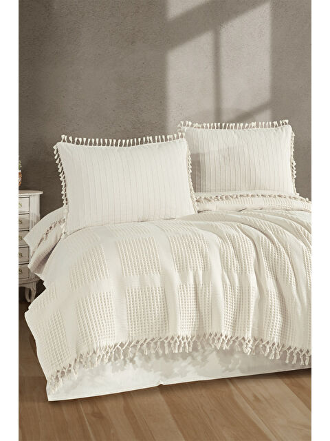 Nordqueen %100 Pamuk Çift Kişilik Püsküllü Pike Takımı Velda Ekru - S000429286-19965