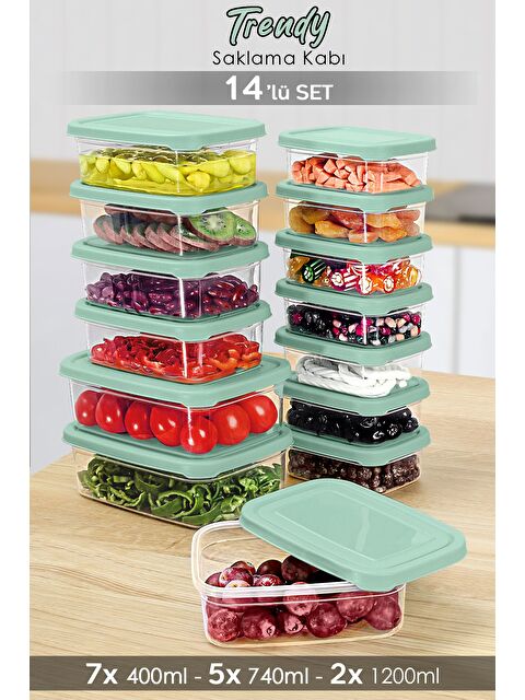 Meleni Home 14lü Dikdörtgen Erzak Saklama Kabı Seti Mikrodalgaya Uygun Düzenleyici Organizer Erzak Kabı Yeşil - S000385048-18194