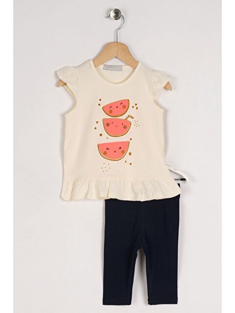 Zepkids Bisiklet Yaka Karpuz Baskılı Eteği Fırfırlı Kız Çocuk Taytlı Takım