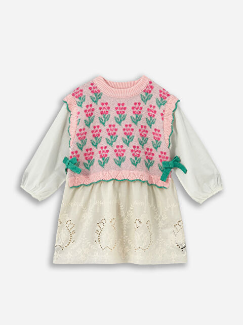 Dexia Floral Dress - Dokuma ve Örgü Detaylı  Astarlı Triko Elbise - Pembe Renk - S000331850-37551