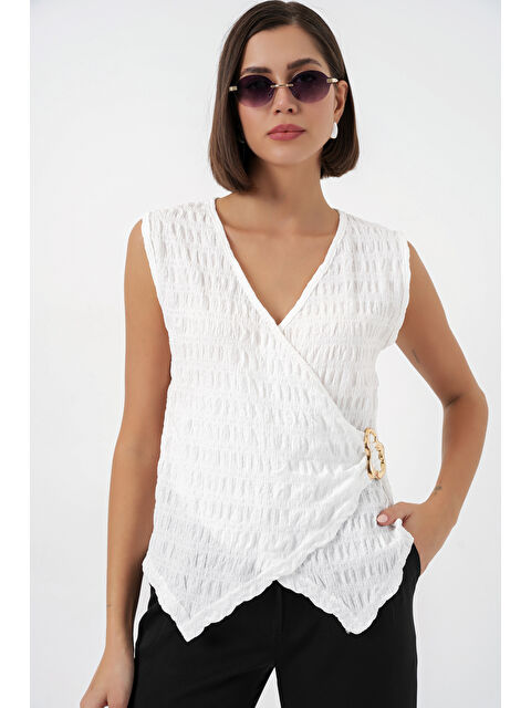 Bigdart Kadın Sıfır Kol Örme Bluz 988 - Beyaz - S000523439-20063