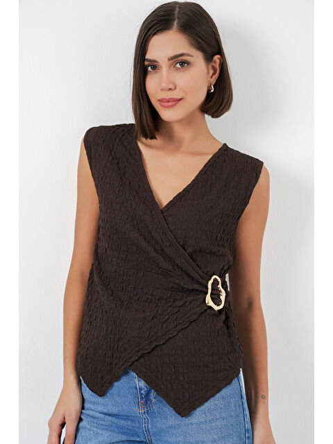 Bigdart Kadın Sıfır Kol Örme Bluz 988 - Kahverengi - S000523439-19413