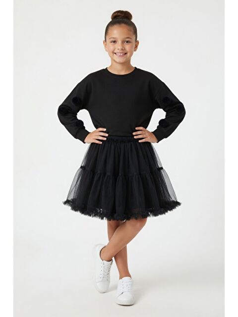 Cansın Mini Siyah Ponponlu Badili Tütü Etekli Kız Çocuk Takım 23997