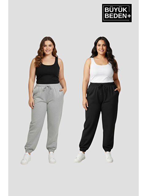 Süperlife Kadın Büyük Beden İkili Jogger Paça Lastikli İnce Eşofman Altı Seti SPR26BEA951+2 - S000487605-37287