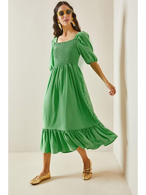 Xhan Yeşil Kare Yaka Gipeli Midi Elbise 5YXK6-48481-08 - S000191517-18194