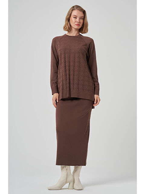 Nuss Kazayağı Desen Merserize Kalem Etekli Triko Takım 1350 Kahverengi - S000470806-19413