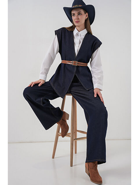 Bigdart Kadın Yelek Pantolon Jean İkili Takım 30062 - Koyu Mavi