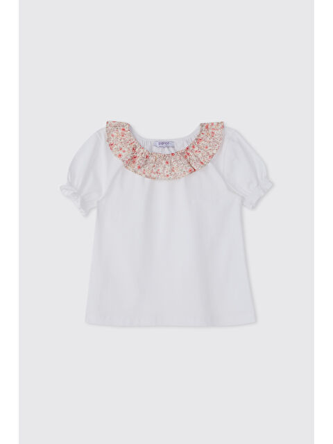 Panço Kız Çocuk Fırfır Yaka Ekru Tişört - S000524408-19965