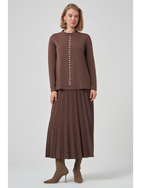 Nuss Taş İşleme Detay Triko Takım 1351 Kahverengi - S000470809-19413
