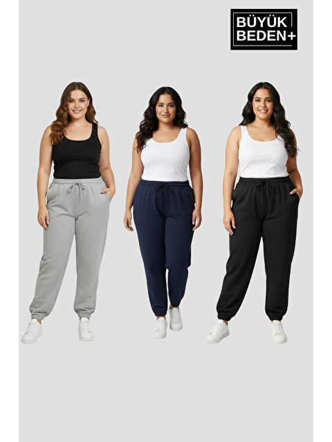 Süperlife Kadın Büyük Beden Üçlü Jogger Paça Lastikli İnce Eşofman Altı Seti SPR26BEA951+3 - S000487606-3491