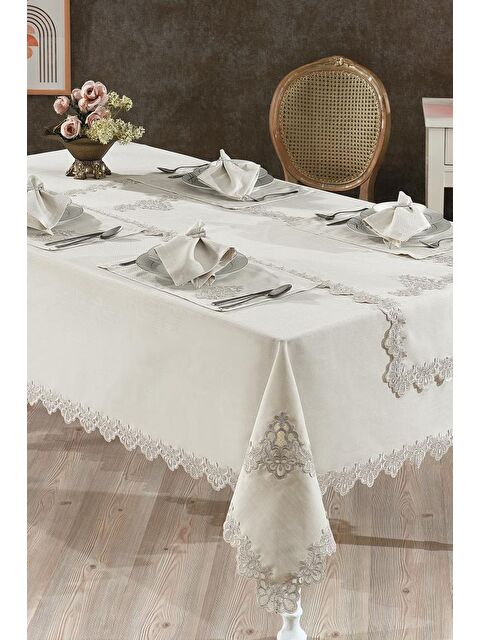 Çeyiz Diyarı Sahra Fransız Dantelli Yemek Takımı - 26 Parça Cappucino - S000496423-19413