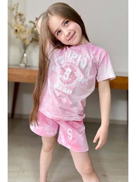 Riccotarz Kız Çocuk Florida Yazı Baskılı Penye T-Shirt Pembe Şortlu Takım - S000402271-20024