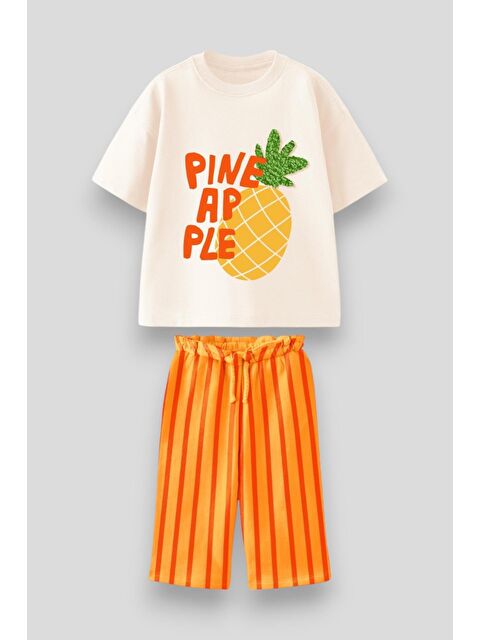 Magu Unisex Çocuk Pamuklu Ekru Pineapple Sloganlı T-Shirt Ve Çizgili Bermuda Takım - S000379726-23173