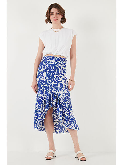 Lela Regular Fit Desenli Yüksek Bel Volanlı Midi Boy Yırtmaçlı Etek 5869013 - S000346515-23710