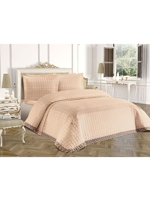 Çeyiz Diyarı Roza Çift Kişilik Kapitoneli Yatak Örtüsü Bej - S000496449-19928