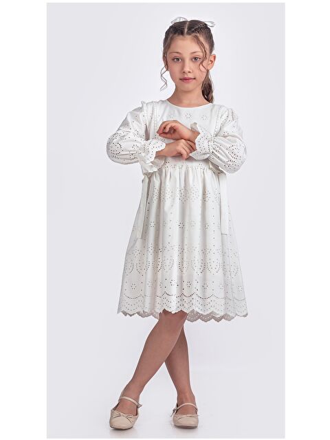 Pina Kids Kız Çocuk Uzun Kollu Kolları Lastikli Beli İkili Kurdele Sutaşı Detaylı  Elbise ELB.Y2685 - S000346927-20063