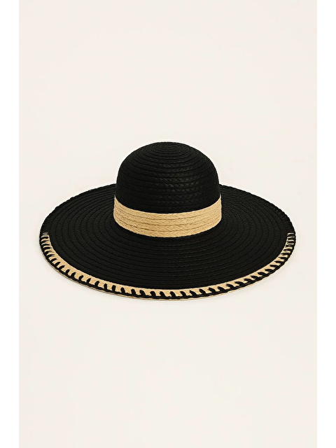 Luminos Butik Siyah Zigzag Şeritli Hasır Şapka - Yazlık Güneş Koruma Aksesuarı - Plaj Şıklığı İçin İdeal HSR2103 - S000375043-15542