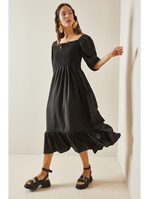 Xhan Siyah Kare Yaka Gipeli Midi Elbise 5YXK6-48481-02 - S000191517-19351