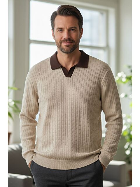 Mishar İtalia Erkek Polo Yaka Kendinden Desenli Triko Kazak - S000491477-25636