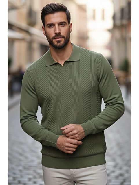 Mishar İtalia Erkek Polo Yaka Kendinden Desenli Triko Kazak - S000491486-18547