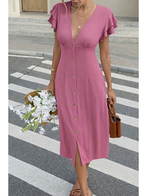 Jane's Kadın Kısa Kollu V Yakalı önden Düğmeli Bürümcük Midi Elbise - S000529145-20024