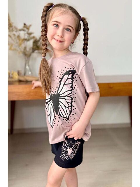 Riccotarz Kız Çocuk Kara Kalem Kelebek Baskılı Penye Pudra T-Shirt Şortlu Takım - S000402275-23490
