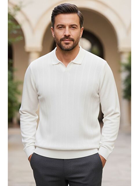 Mishar İtalia Erkek Kendinden Desenli Polo Yaka Triko Kazak - S000491489-20063