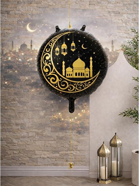Parti Adresi Ramazan Temalı Altın Cami ve Hilal Desenli Siyah Folyo Balon 45 cm - S000504484-19351