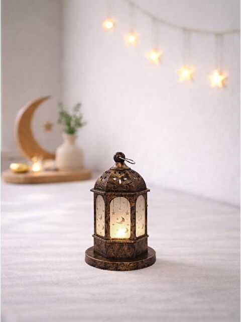 Parti Adresi Ramazan Temalı Led Işıklı Pilli Dekoratif Fener Eskitme Detaylı Bakır 16 cm - S000504485-20015