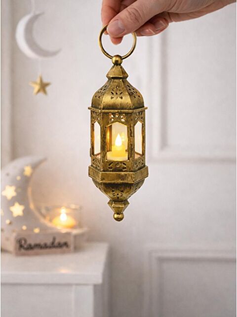 Parti Adresi Asılabilir Ramazan Temalı Led Işıklı Pilli Dekoratif Fener – Eskitme Altın 20 cm - S000504490-20076