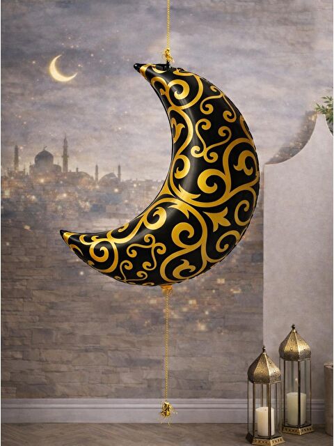 Parti Adresi Ramazan Temalı Siyah Gold Desenli Hilal Folyo Balon 75 cm - S000504492-19351