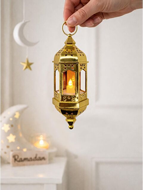 Parti Adresi Asılabilir Ramazan Temalı Led Işıklı Pilli Dekoratif Fener – Altın 20 cm - S000504493-20076