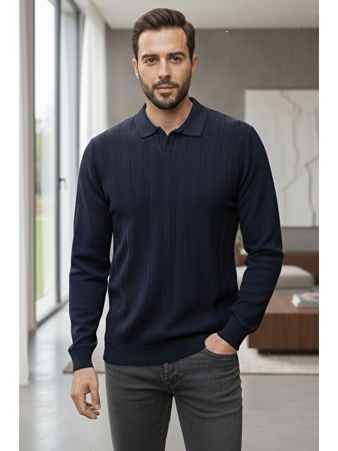 Mishar İtalia Erkek Kendinden Desenli Polo Yaka Triko Kazak - S000491489-21164