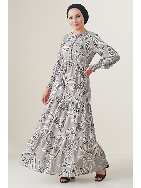 Bigdart 2145 Desenli Tesettür Elbise - Taş - S000089482-25636