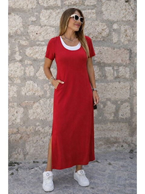 Jane's Kadın Kısa Kollu Içi Atlet Görünümlü Yandan Yırtmaçlı Uzun Viskon Elbise - S000529151-20045