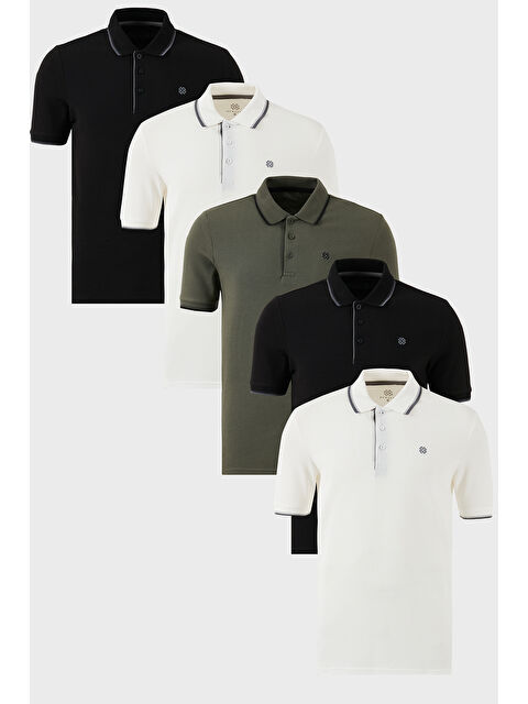 Buratti Pamuklu Slim Fit Şerit Detaylı Düğmeli Polo Yaka 5'li Paket %100 Pamuk Tişört 5902118S5 - S000387103-37246