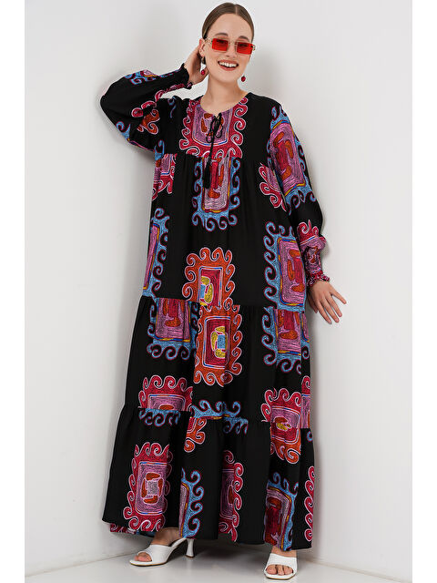 Bigdart 1947 Desenli Uzun Elbise - M. Kırmızı - S000089469-1159