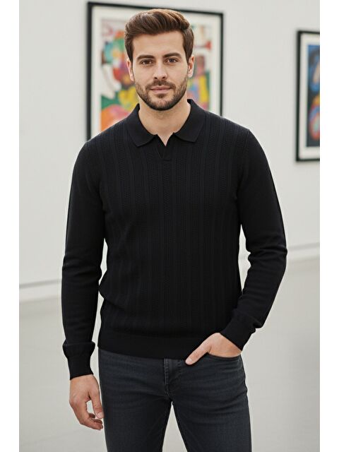 Mishar İtalia Erkek Kendinden Desenli Polo Yaka Triko Kazak - S000491489-19351