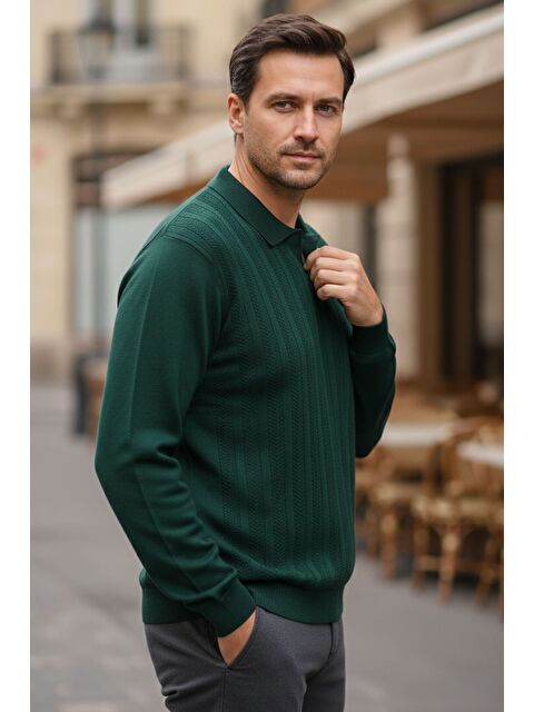 Mishar İtalia Erkek Kendinden Desenli Polo Yaka Triko Kazak - S000491489-18709